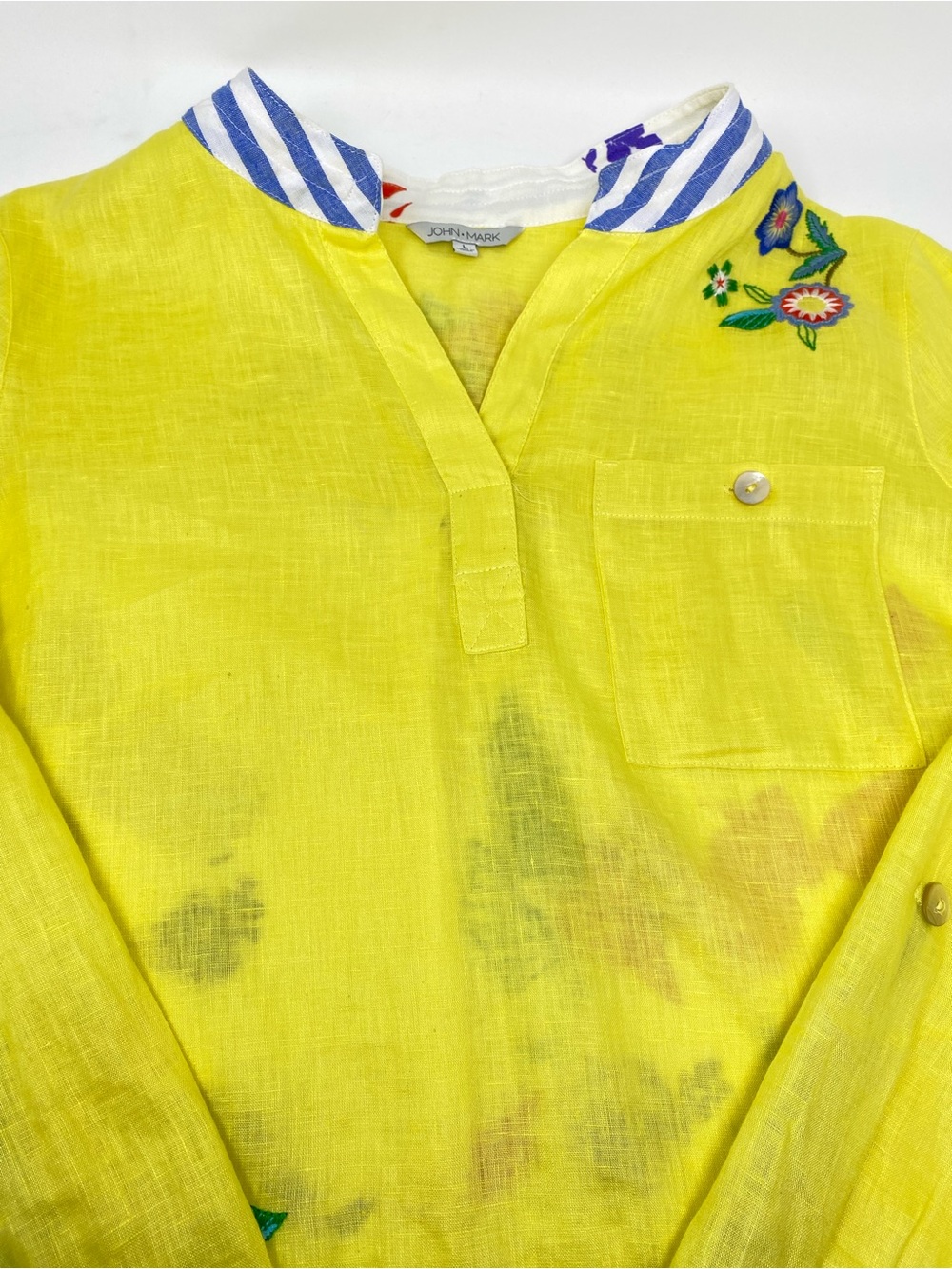 John Mark Blouse Top Linen Yellow Embroidered Mixed Media with Blue Striped Hem - Picture 3 of 13